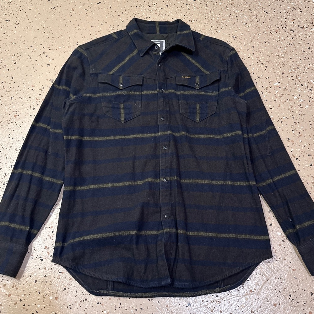 G-Star Raw Button Up Western Style Shirt In Blue Grey Yellow Size L Slim